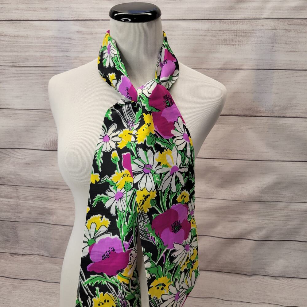 Vintage 70s Floral Black Narrow Scarf with Purple and White Flowers